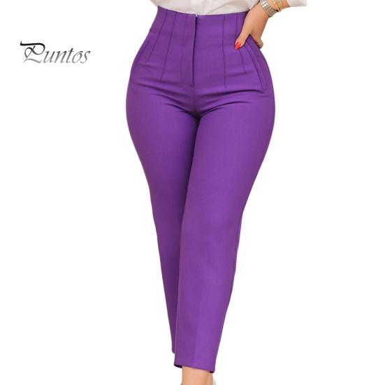 Work Pants High Waist Pleated Pockets Ninth-Length Women Trousers Female Solid Color Straight Leg Suit Office
