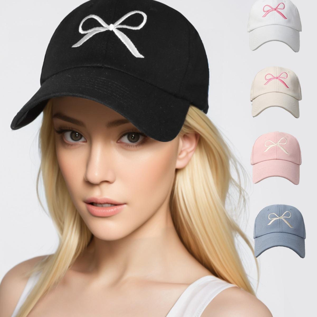 My Extreme Outdoor Activities Women's Beige New Summer Cotton Korean Bow Baseball Cap Pink Embroidery Butterfly Girl Solid Color Visor Hat For Adjustable Sunshade