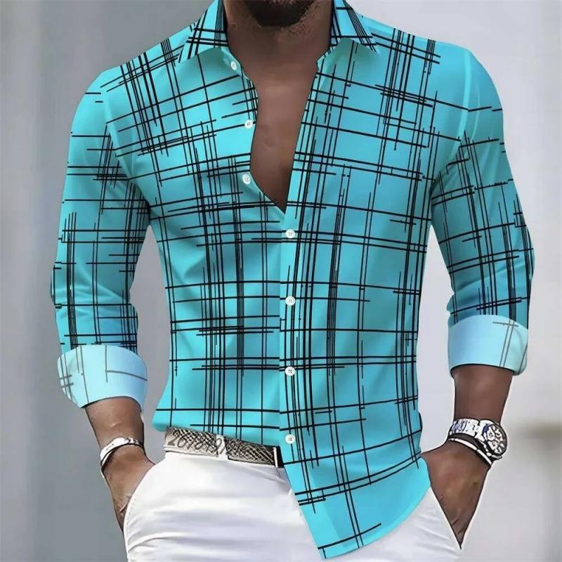 Men's Irregular Line Grid 3D Printed Long Sleeved Shirt, Business Casual Lapel Button Up Cardigan