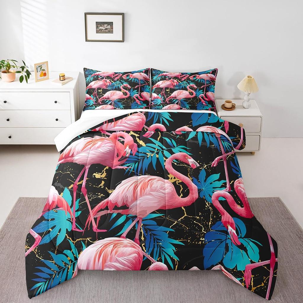Flamingo Duvet Cover Set Tropical Animal Flamingo Pattern Bedding Set for Kids Boys Girls Soft Microfiber King Comforter Cover