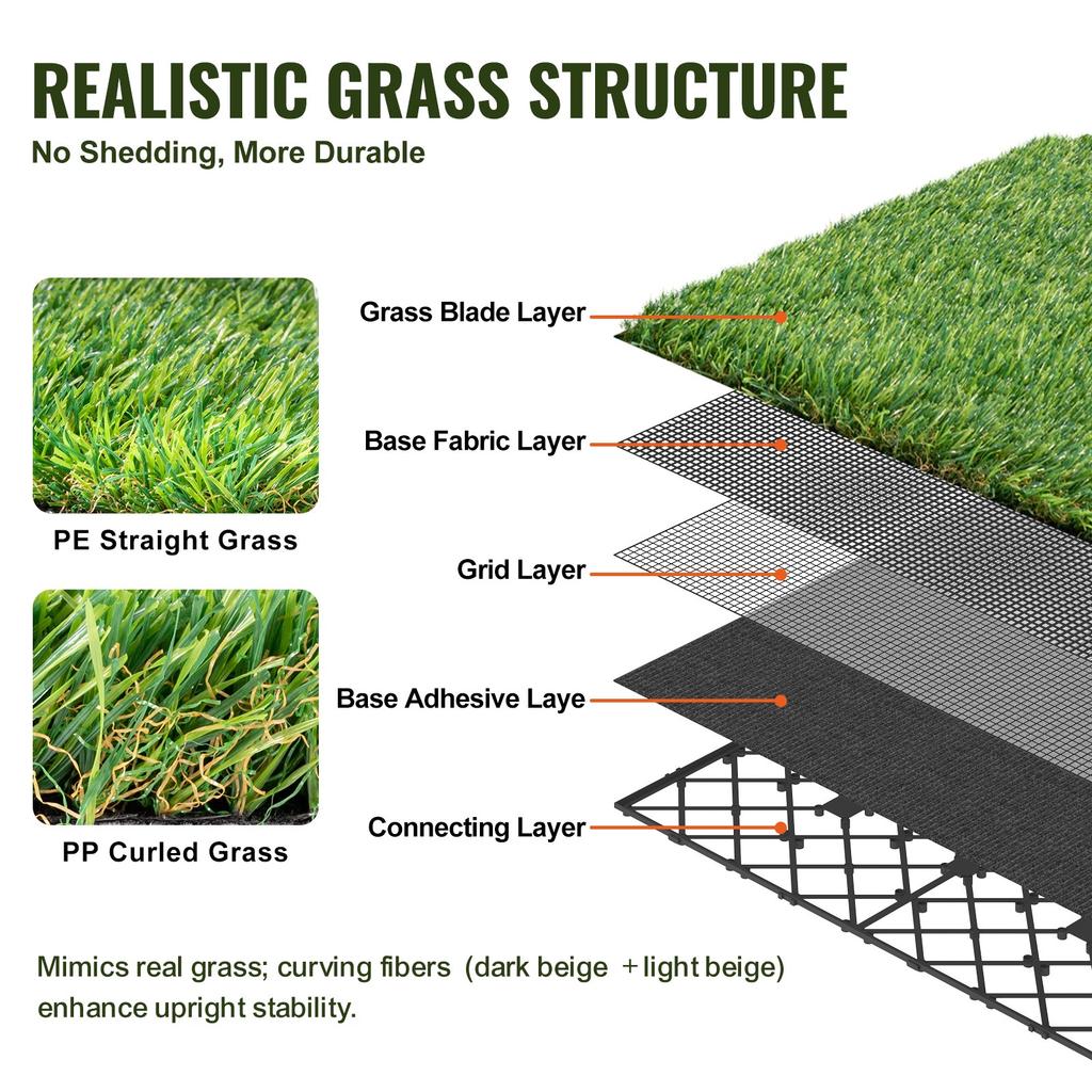 VEVOR Artifical Grass Tiles Interlocking Turf Deck Set, 18 Pack 305x305mm, Synthetic Fake Grass Self-draining Mat Flooring Decor Pad