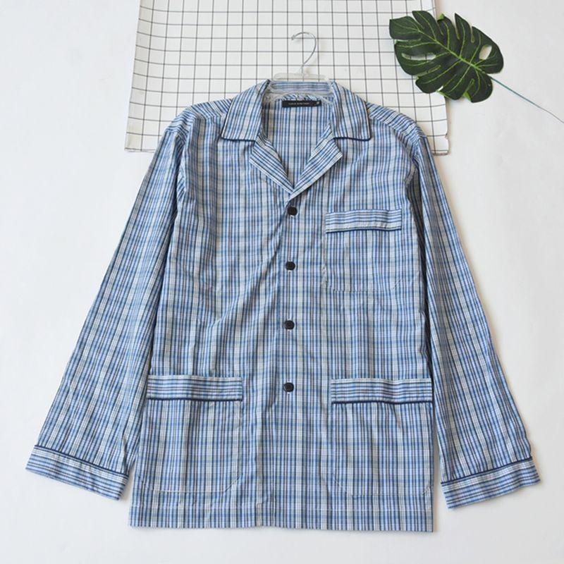 Outer Order Men Spring & Fall Woven Pure Cotton Stripes Gingham Long Sleeves Pajamas Casual Loose Single Piece Homewear Tops