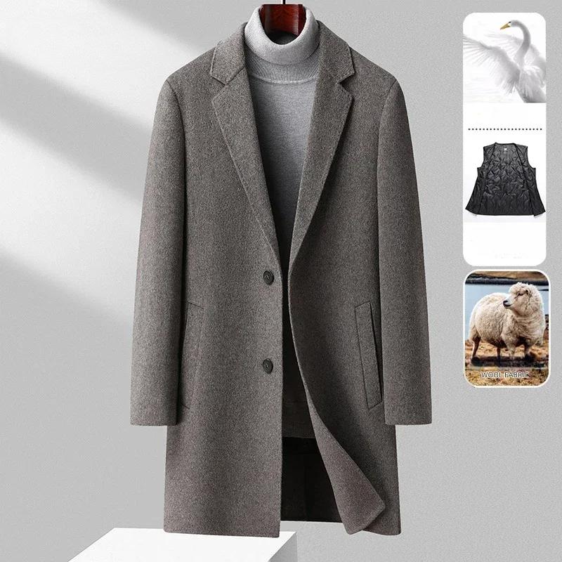%100 Üst Düzey Yün El Yapımı Çift Taraflı Yünlü Kaban Orta Uzun Takım Yaka Kaz Tüyü Çıkarılmış İç Yünlü Erkek Kaban