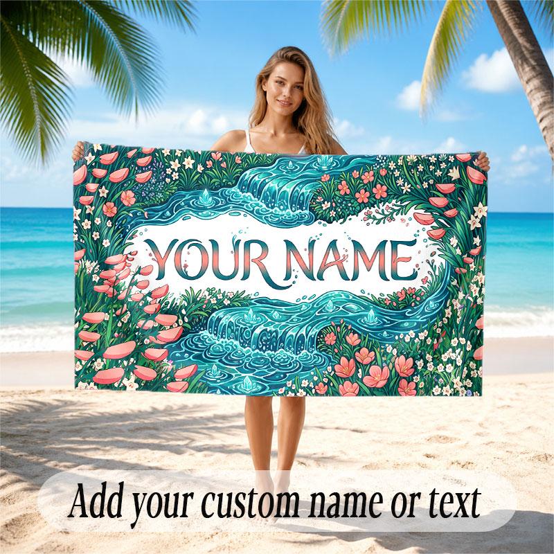 Floral Garden Theme Soft Beach Towel Personalized Custom Name Text Towel Portable for Beach Pool Travel