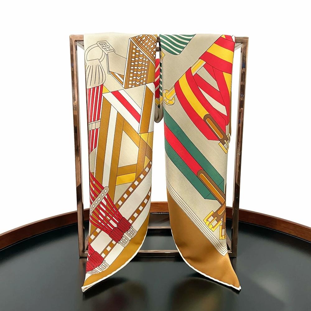 90cm Twill Silk Scarf For Ladies Manual Hand Rolled Square Belt Chain Scarves Luxury Women Echarpes Foulards Wrap Bandana Hijab