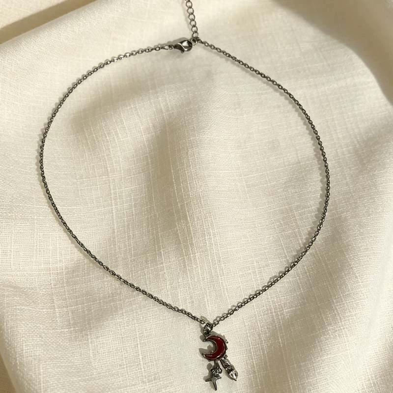 Gothic Red Moon Star Cross Heart Pendant Chain Necklace For Women Personalized Y2K Halloween Grunge Neck Jewelry Accessories