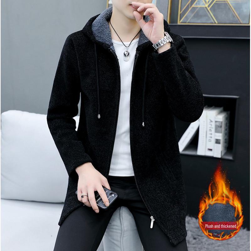 Herr Mellanlång Stickad Kofta med Huva - Höst/Vinter, Lös Passform, Plus Size