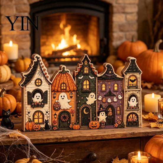 Rustikální podzimní středové dekorace stolu Halloween Retro strašidelná vesnice Dřevěná dekorace na stolní desku, Podzimní statek Čarodějnice Americký venkovský styl Figurky