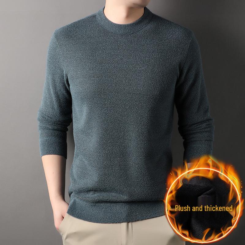 Men's Warm Thickened Knit Sweater - Autumn/Winter Casual, Middle-Aged, Round Neck, Solid Color, Fluffy Velvet.
