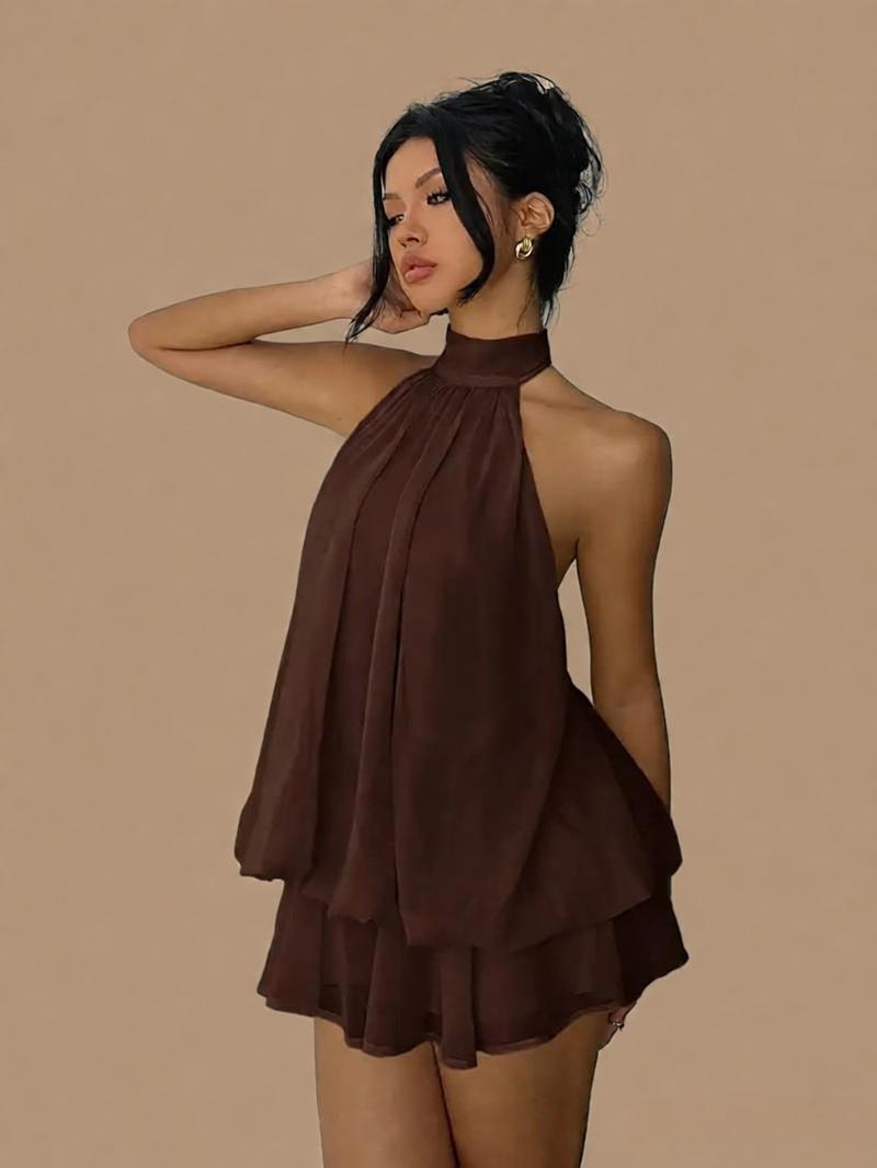 Европейское и американское шифоновое пляжное платье с вырезом халтер - Осень 2026 Сексуальная короткая юбка Small