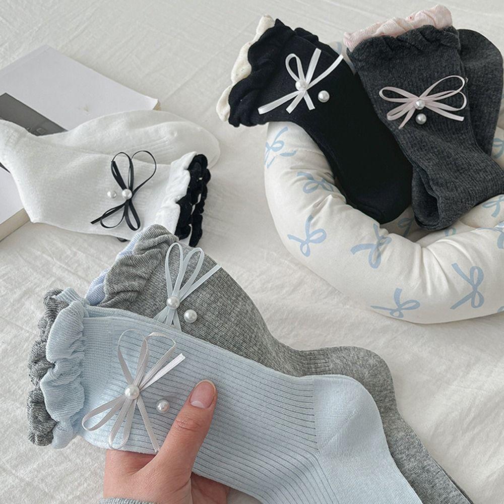 Cute Bow Socks Sweat Absorption Ruffle Socking New Mid Tube Socks  Spring and Autumn