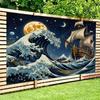 2D Starry Night Pirate Ship Backdrop Big Ocean Waves & Moonlight Background for Studio
