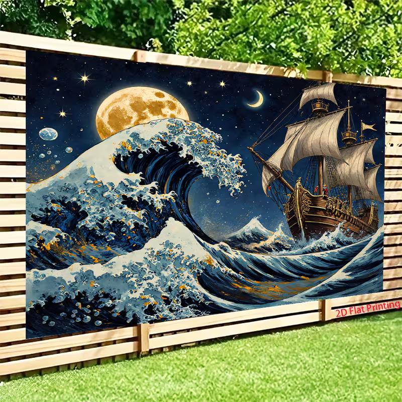 2D Starry Night Pirate Ship Backdrop Big Ocean Waves & Moonlight Background for Studio
