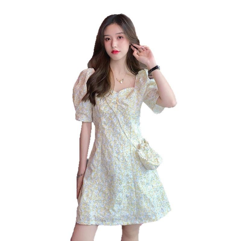 Floral bubble sleeve dress women's design sense summer new small fresh and sweet short-sleeved student short skirt