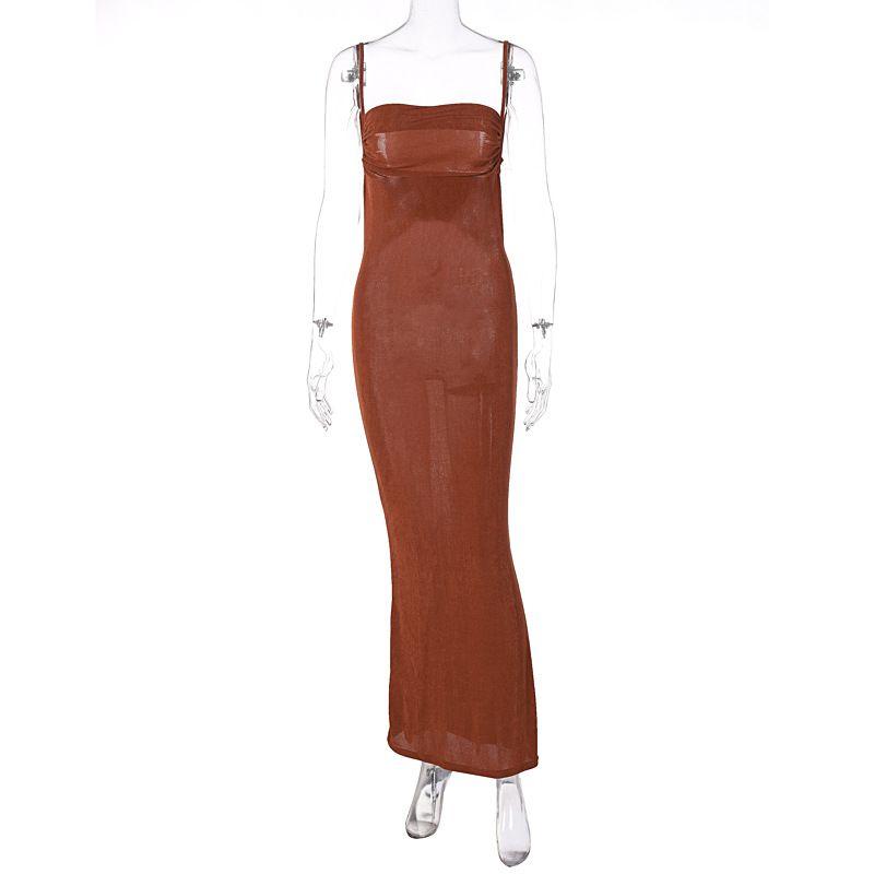 

Open Back Slim Fit Style Strap Dress Backless Slim Fit Temperament Camisole Dress Brown L
