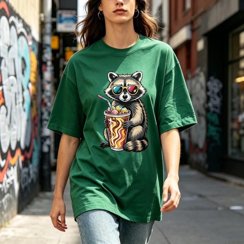American Cartoon Pop Art Cool Raccoon Sunglasses Iced Coffee Graphic Crew Neck T Shirt Unisex Unisex Unisex Cotton Short Sleeve Top