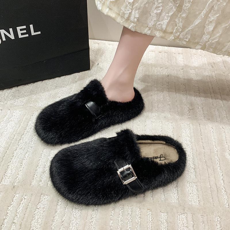 Premium Mink Hair Thick-soled Fluffy Slippers for Women To Wear 2025 Autumn and Winter New Fluffy Shoes Bag Head Cotton Slippers