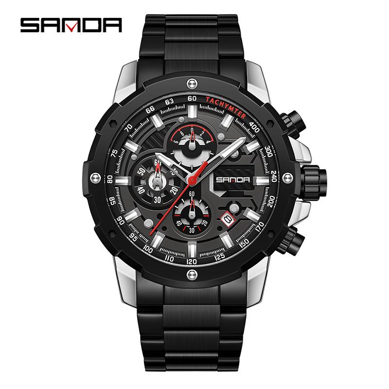 Sanda Men s Business Skeleton Quartz Watch, Luminous, Waterproof, Multifunctional, Steel Band.