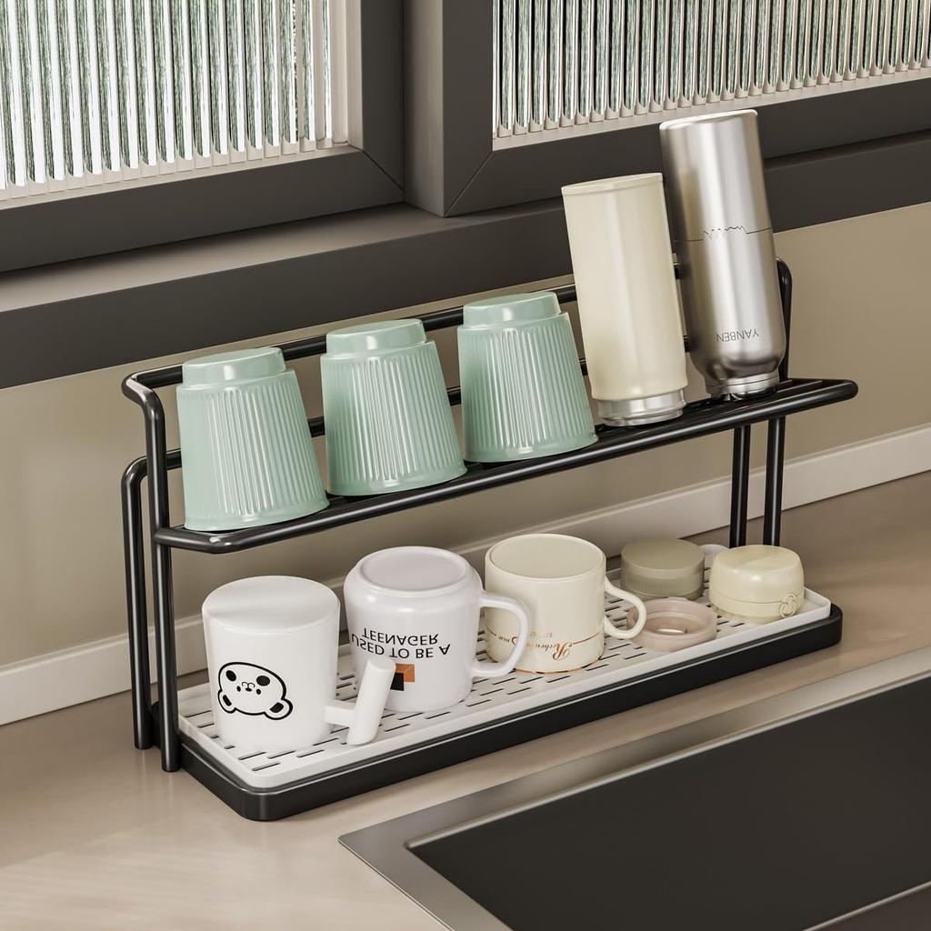 2 Layer Bottle Drying Rack Cups Storage Rack with Drain Tray, Mug Organizer for Kitchen, Coffee Mug Holder for Kitchen Counter
