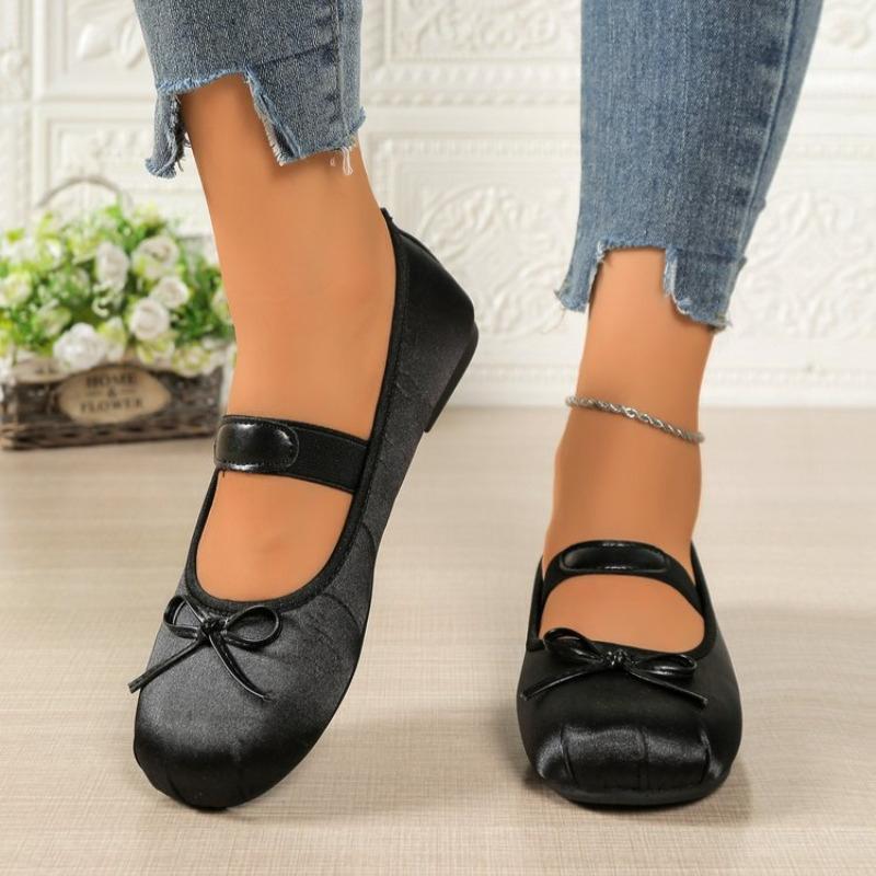 Fashion 2025 Women's Mary Jane Shoes Ballet Flats Female Bow Silk Satin Shoes Round Toe Flat Women Plus Size Shallow Mouth Shoes