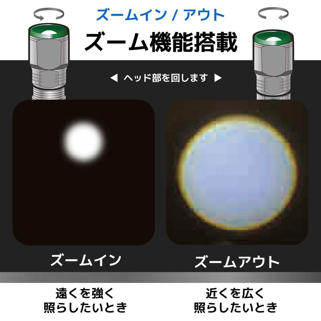 OHM ELECTRIC LED Zoom Light 500lm Uses 3 AA Batteries Hours of Continuous Use IPX6 Waterproof White LED (Max / / 9.5 / / / Black) LHA-Z50C5