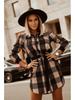 2021 Autumn/Winter Plaid Shirt Dress with Waist Tie & Turn-Down Collar