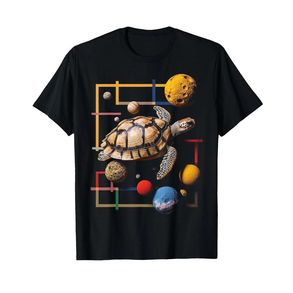 Turtle Planets Colourful Animal Abstract Art T Shirt Black Vintage Streetwear Fashion Graphic Homme Stylish