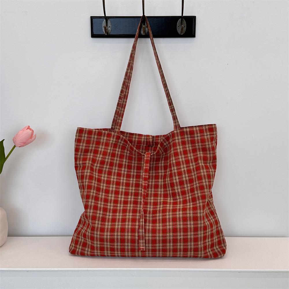 L310 Retro Plaid Canvas Bag Stylish Versatile Lightweight Shoulder Tote For Women