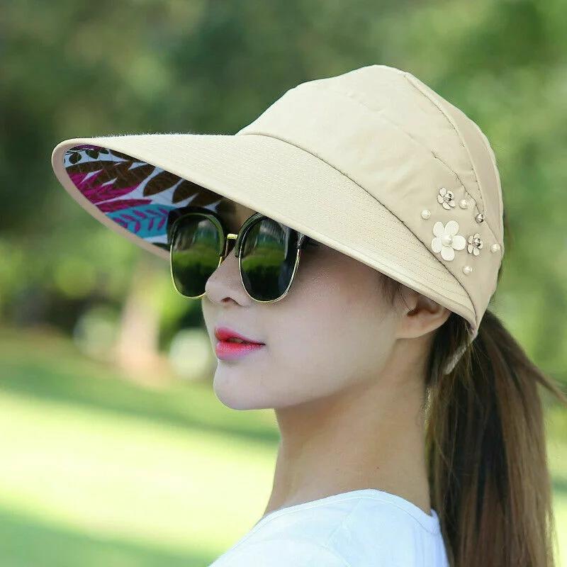 Sun Hat Summer Shade Fashion Women Ladies Summer Vacation Wide Brim Foldable Anti-UV Beach Visor Caps Empty Top Hats Korea Style