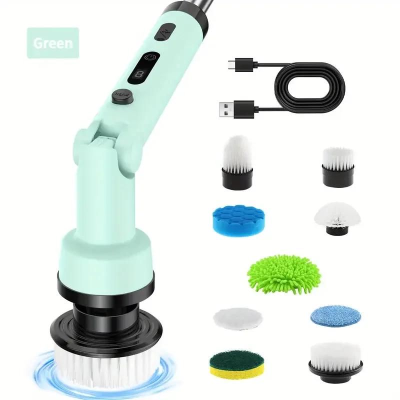 

Electric Spin Scrubber Cordless Cleaning Brush with 9 Replaceable Brush Heads Adjustable Handle for Bathroom Floor Tile зелёный