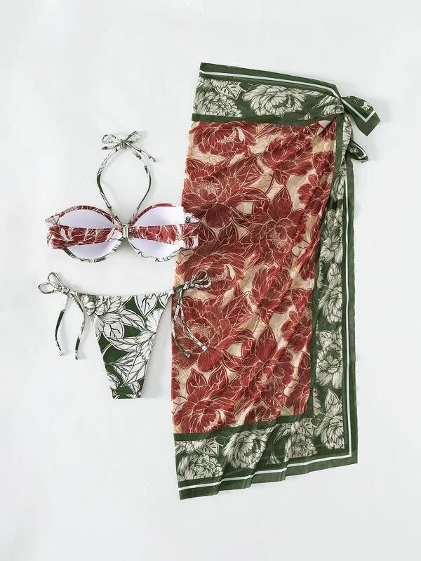 Γυναικείο Σετ Μπικίνι με Φλοράλ Μοτίβο Σέξι Τριών Τεμαχίων Κάλυψη Παραλίας Push Up Καλοκαιρινό Μαγιό Μακρυμάνικο Μαγιό