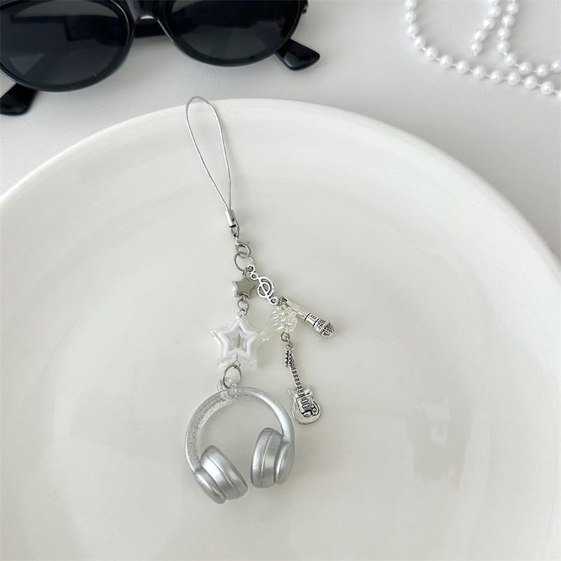 Cute Glitter Earphone-Shaped Keychain Star Guitar Microphone Pendant Phone Chain Lanyard Girly Backpack Charms Bag Hanging Gifts