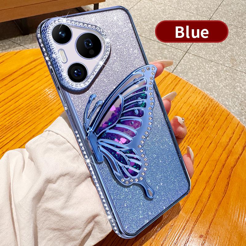 Diamond Glitter Liquid Quicksand Butterfly Phone Holder Case For Huawei Pura 70 P60 P50 Pro Silicone Cover