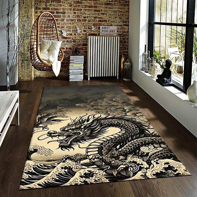 Oriental Dragon Printed Carpet with Ocean Wave Pattern for Home Decor Suitable for use as an anti-slip for living room bedroom sofas