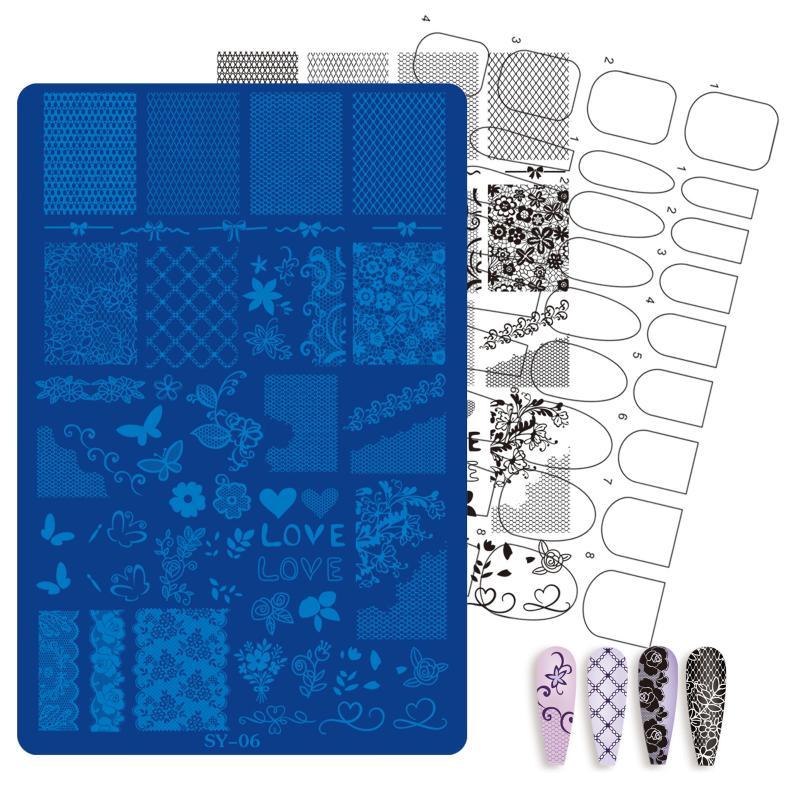 1 Sheet Etched Nail Art Stencil High-Precision Bow Flower Lace Checkered Nail Decal Sheets For Reusable Manicure Transfer Tool