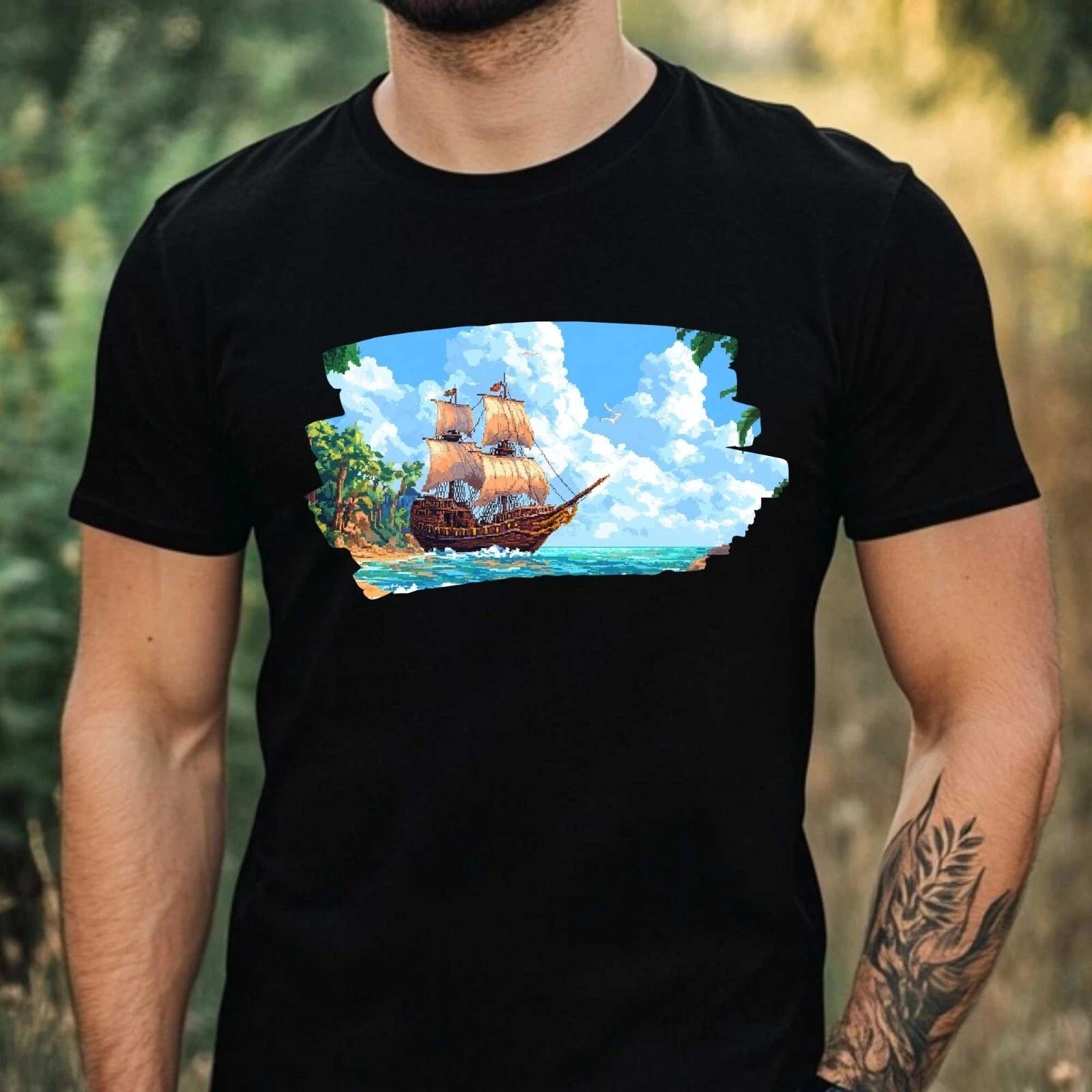 T-Shirt Herren Piratenschiff Pixel Art Motiv Baumwolle Größe XS bis 5XL M