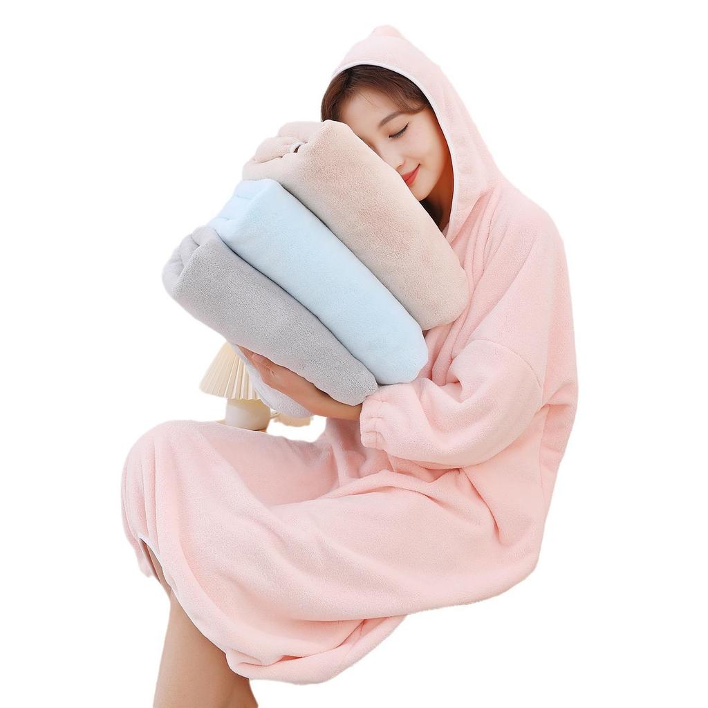 Women's Thickened Winter Hooded Bathrobe - Absorbent Coral Fleece Bath Towel with Long Sleeves and Bath Skirt