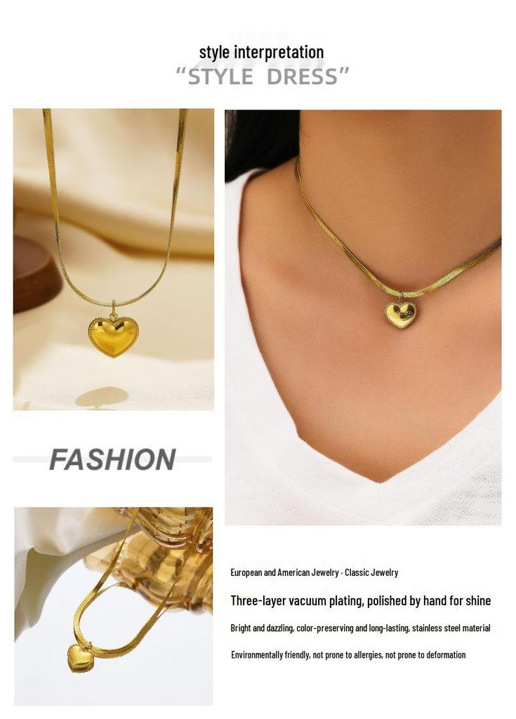 European Heart Pendant Snake Chain Necklace In Titanium Steel