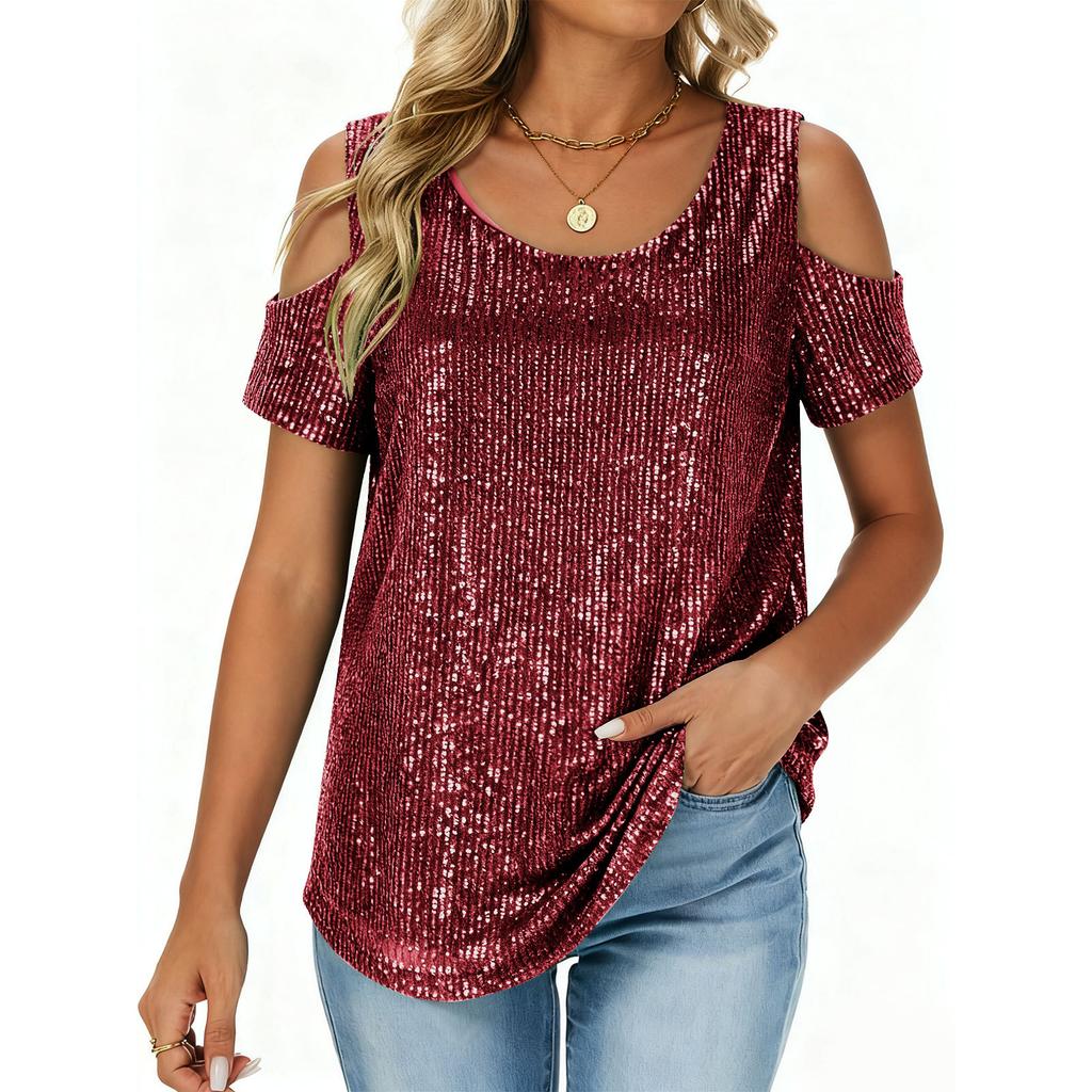 Ladies' Fashionable And Comfortable Loose Sequined Short Sleeved Top