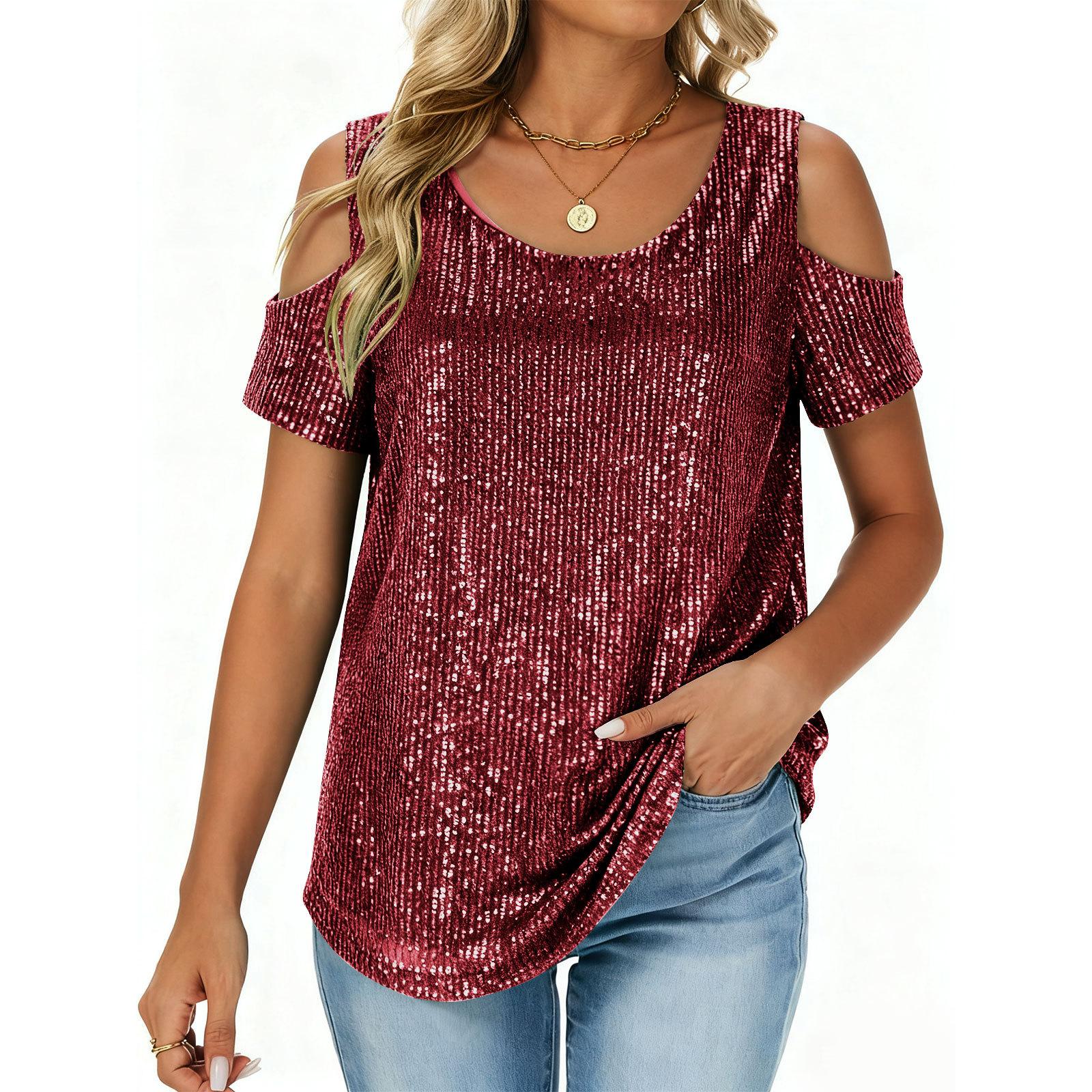 

Ladies Fashionable And Comfortable Loose Sequined Short Sleeved Top XL винний
