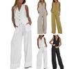 Women Suit Cotton Linen Long Pants Sleeveless Vest Set V-neck Wide Leg Casual Set Outfit