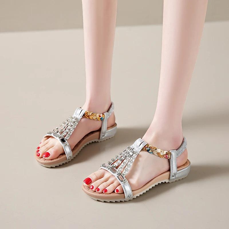 Fashion Women's Shoes 2025 Elastic Band Women's Sandals Rhinestones Round Toe Low Heel Shoes Female Casual Mixed Colors Sandals Women