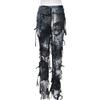 Neue Damen Herbst Tie-Dye Ausgefranste Jeans, Distressed Design Boho Streetwear Lässige Denim-Hose mit Fransen-Saum, Künstlerische Baggy-Hose