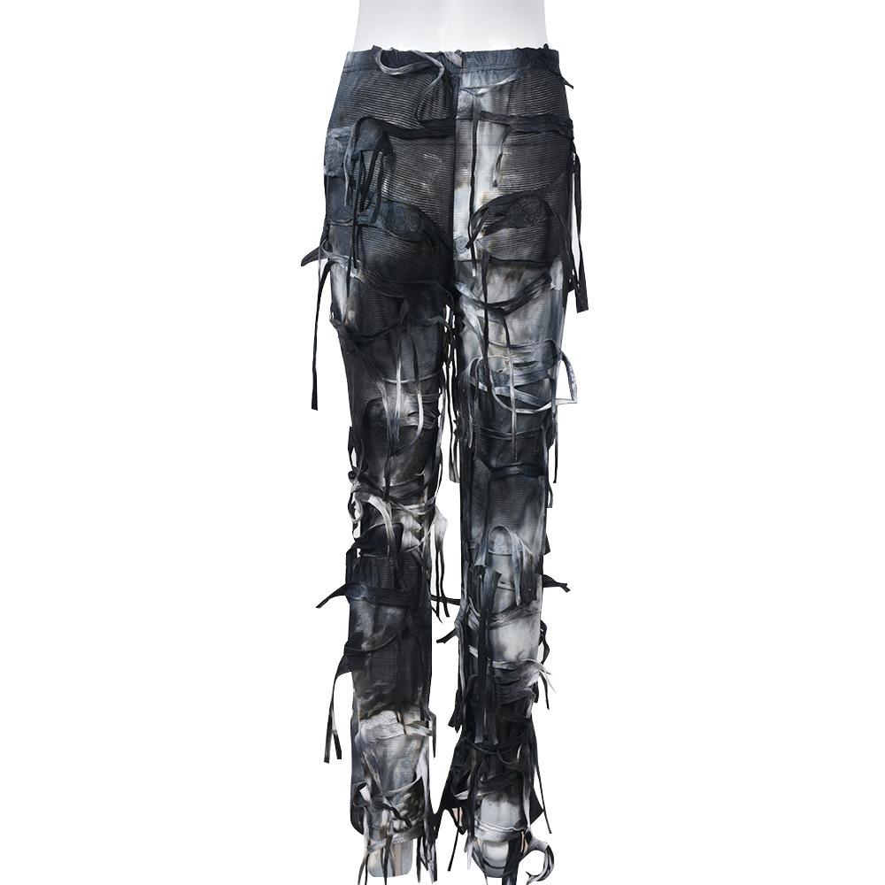 Neue Damen Herbst Tie-Dye Ausgefranste Jeans, Distressed Design Boho Streetwear Lässige Denim-Hose mit Fransen-Saum, Künstlerische Baggy-Hose
