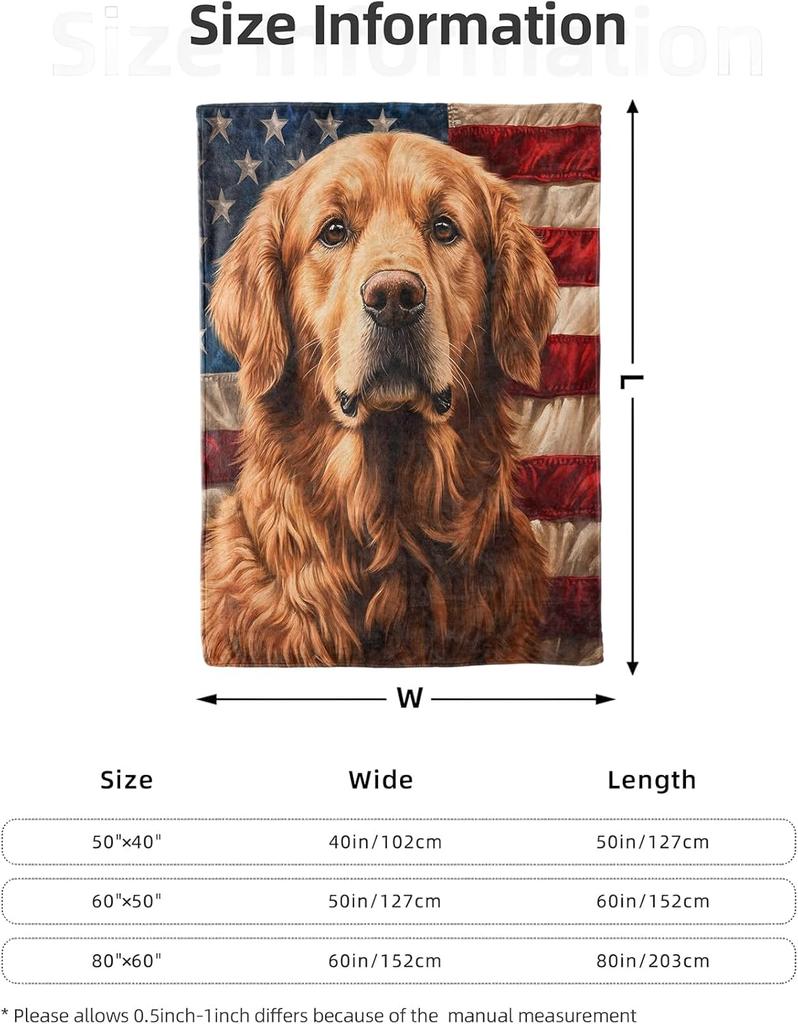 Golden Retriever Patriotic Blanket 50X60 in, Flannel Throw Blankets for Travel Camping Sofa Living Room Decor, Lightweight Cozy