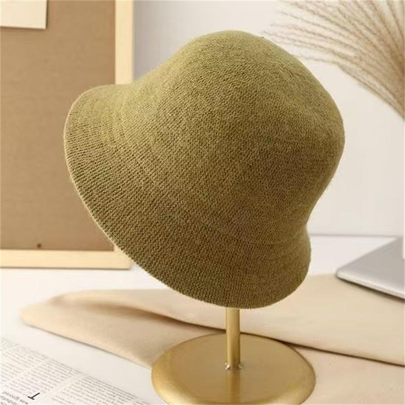 Wool blended bucket hat women's autumn and winter thermal basin hat knitted big face small face hat straight bucket hat women