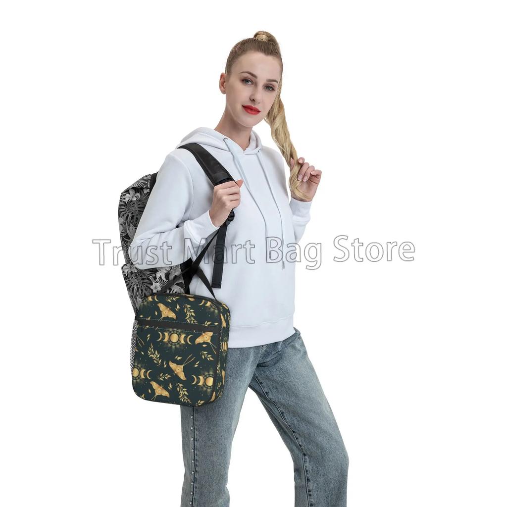 Magic Moon Moth and Moon Phases in Gold Colors Thermal Lunch Bag for Women Reusable Portable Lunch Box Waterproof Cooler Tote