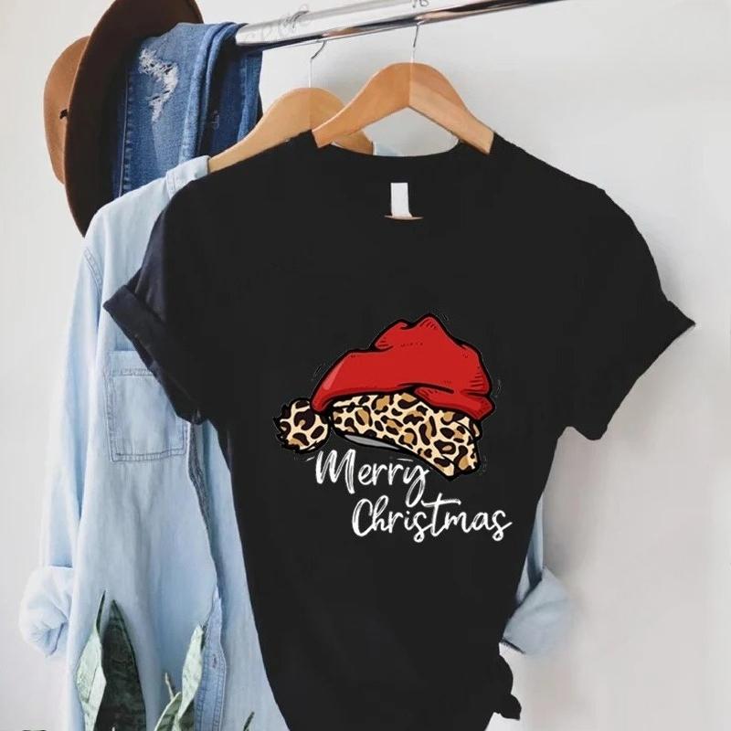 Womens short sleeved Tshirt  summer leopard print Christmas hat Merry Christmas print  fashionable and trendy Womens Tshirt