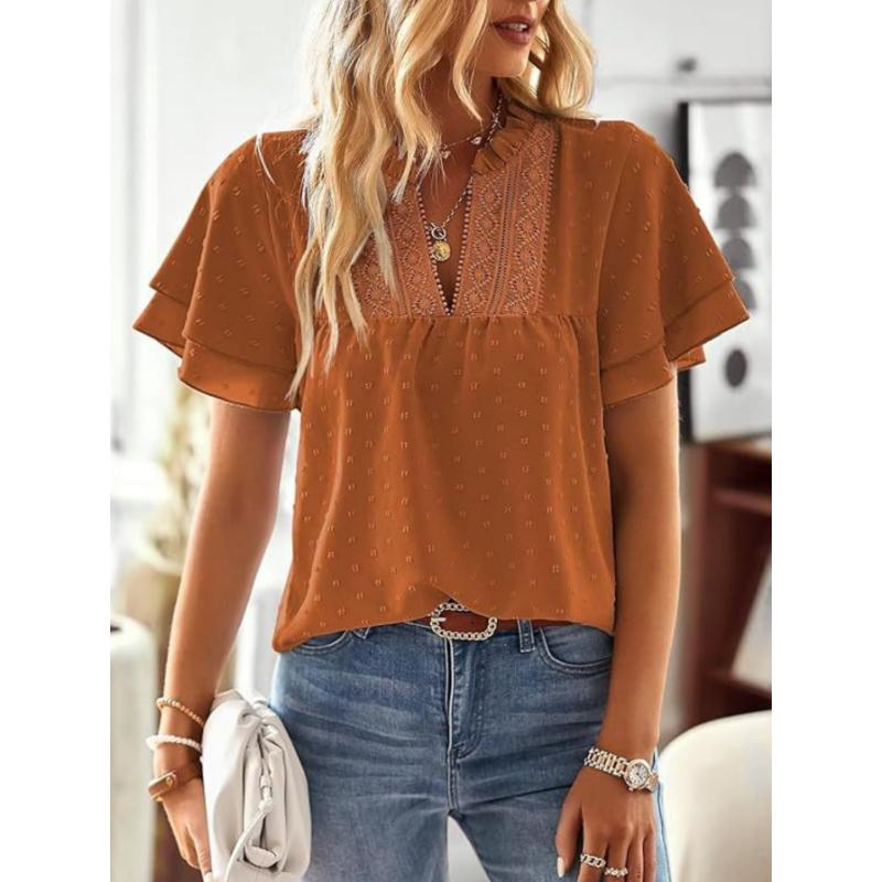 Women's Solid Color V-Neck Blouse Shirt Ladies Fashion CLace Trim & Swiss Dot Accents Blouse
