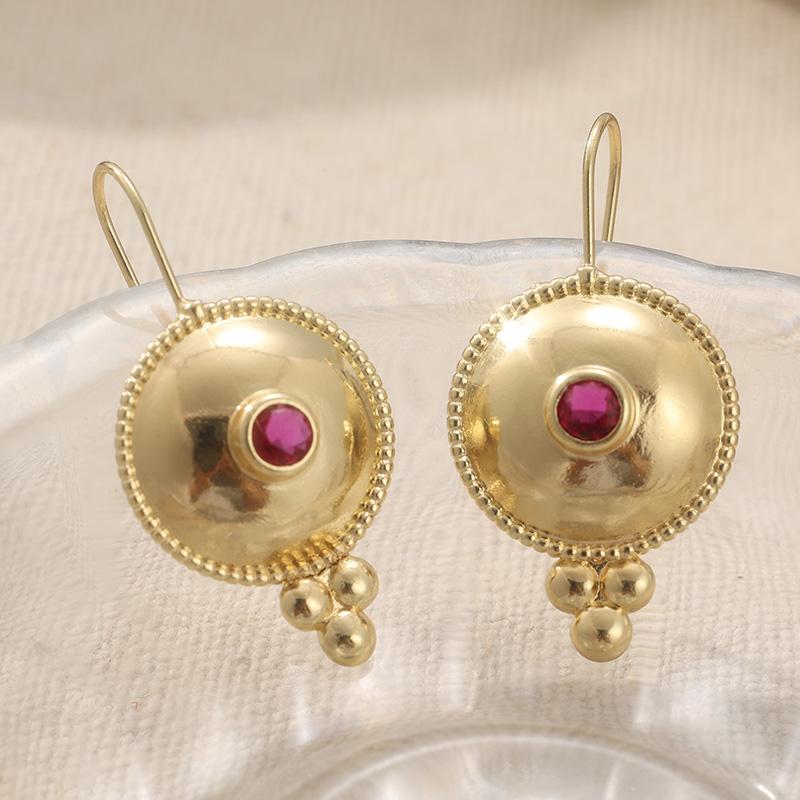 

Vintage Gold Color Red CZ Dangle Women s Earrings Metal Hand Carving Circle Party Daily Wear